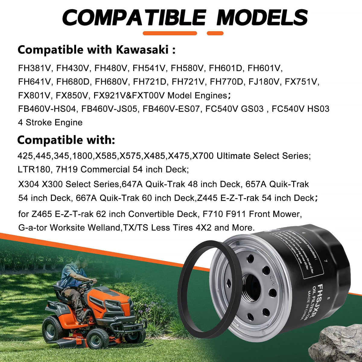 FHSJXR oil filter installed on mower engine demonstrating simple fitment