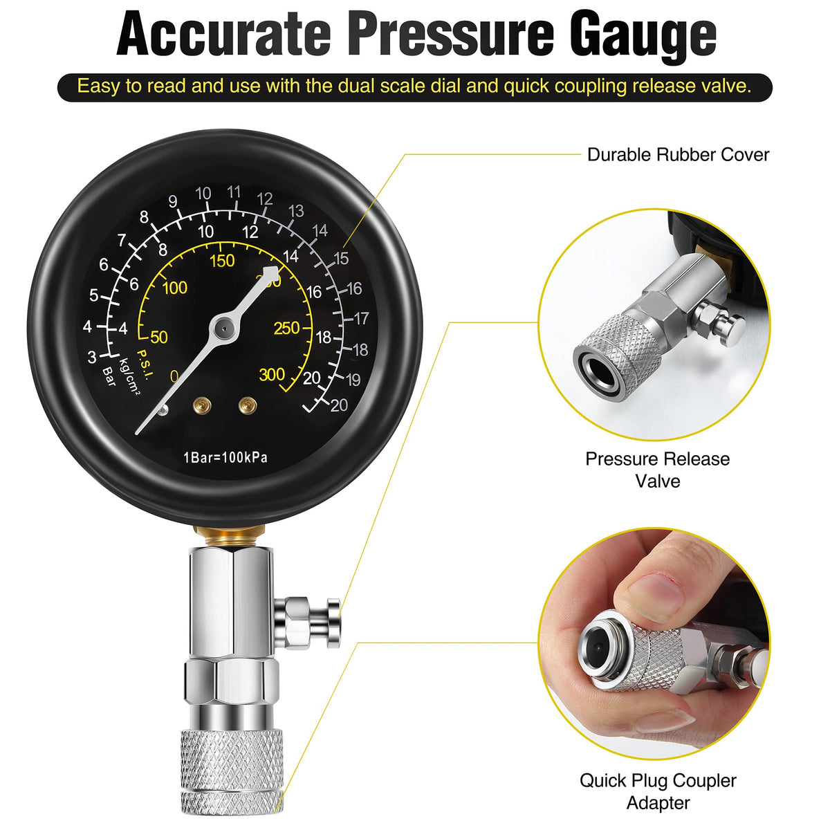 Fiada assorted adapters and 14-inch hose laid out for versatile fittings
