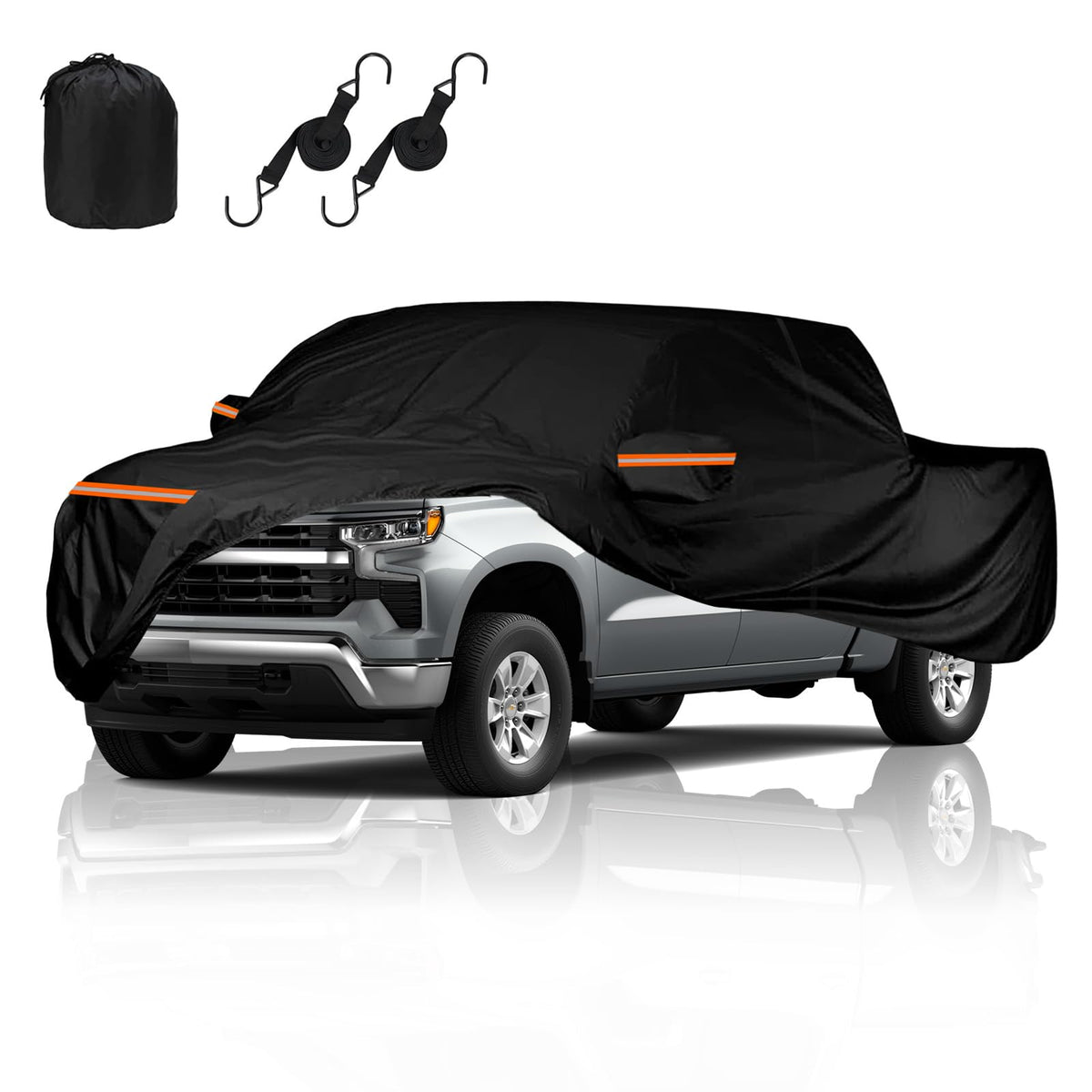 fiafllpu front view on driveway showing full Silverado protection and weather resistance