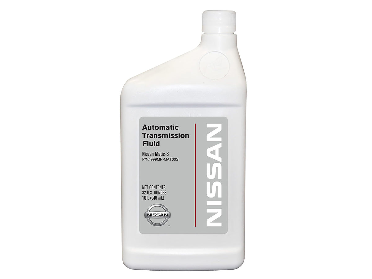 Fiaypoy Nissan Matic‑S being poured into a transmission service funnel demonstrating correct refill control