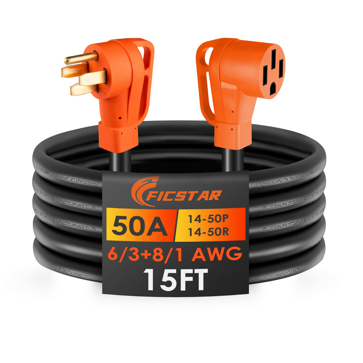 Ficstar front plug showing NEMA 14-50P connection and clear visual safety benefit