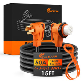 Ficstar front view showing full 15ft 50A cable and connectors for secure hookups