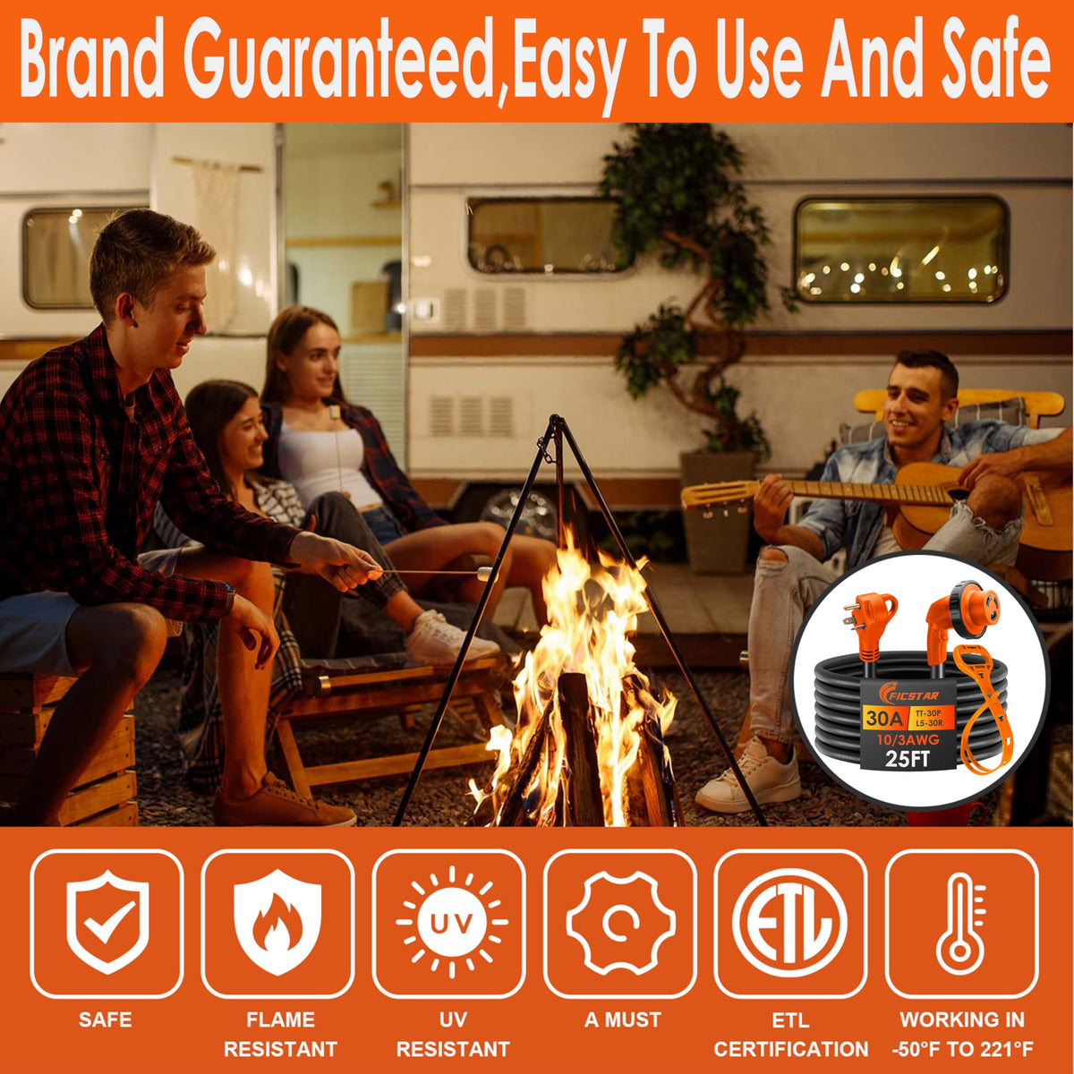 Ficstar cord in use at campsite illustrating secure hookup benefit