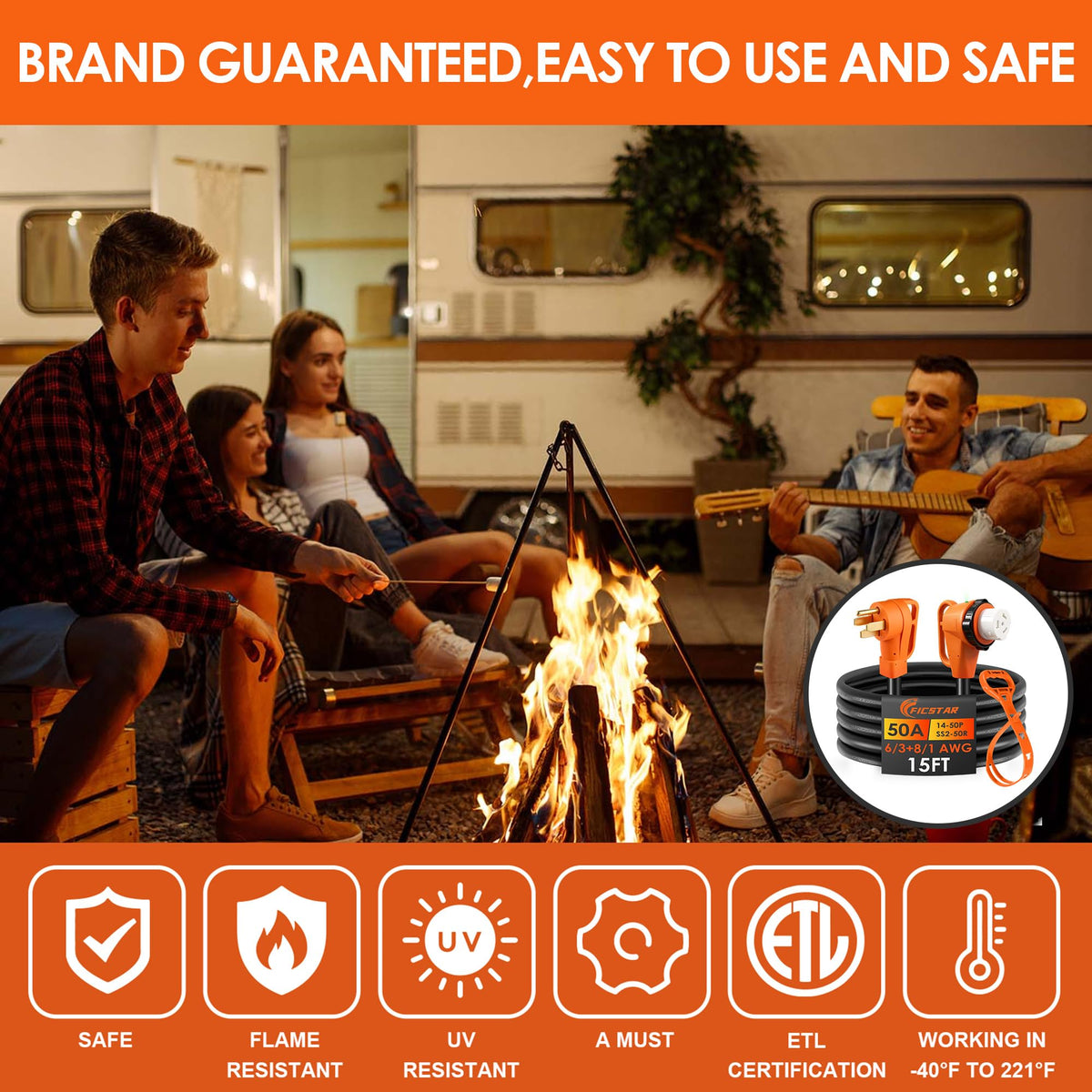 Ficstar campsite scene at night with cord in use showing dependable outdoor power