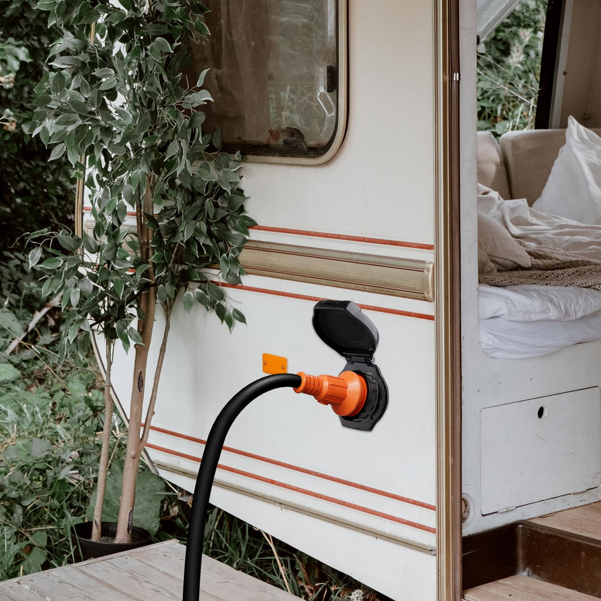 Ficstar inlet mounted on RV exterior demonstrating real-world installation benefit