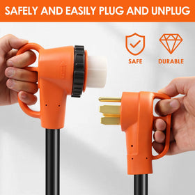 Ficstar cord plugged into RV inlet showing secure locking connection benefit