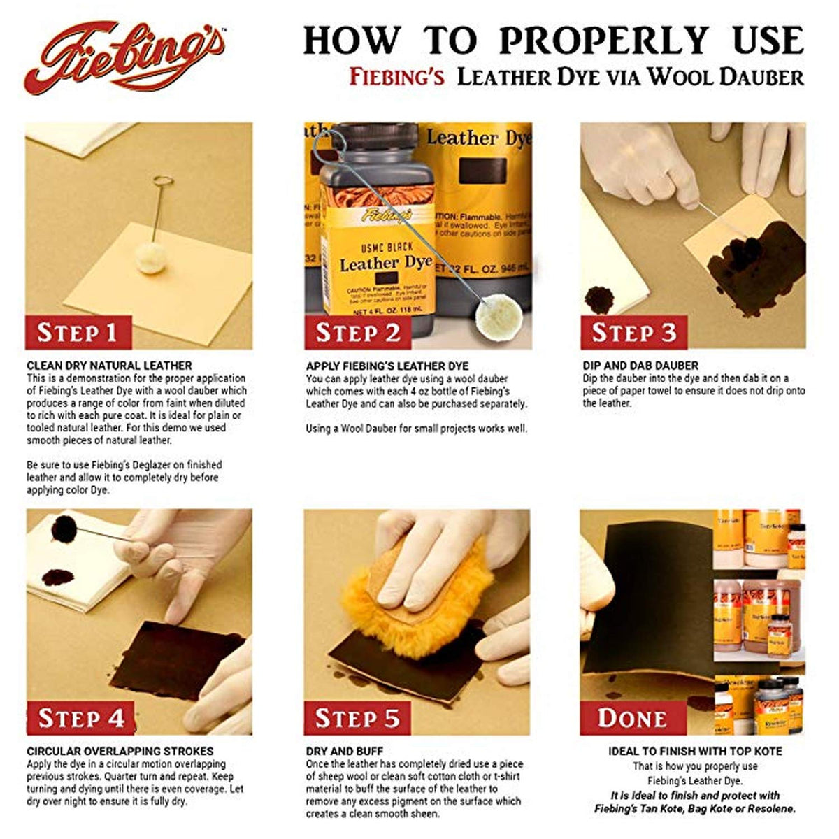 Fiebing's dye applied with dauber showing even coverage and control