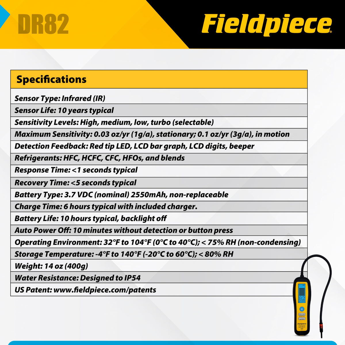 Fieldpiece DR82 large backlit LCD displaying leak intensity for fast readings