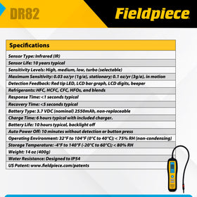 Fieldpiece DR82 large backlit LCD displaying leak intensity for fast readings