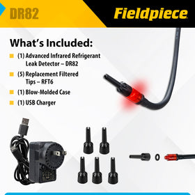 Fieldpiece DR82 in-use inspecting an HVAC coil for quick leak location