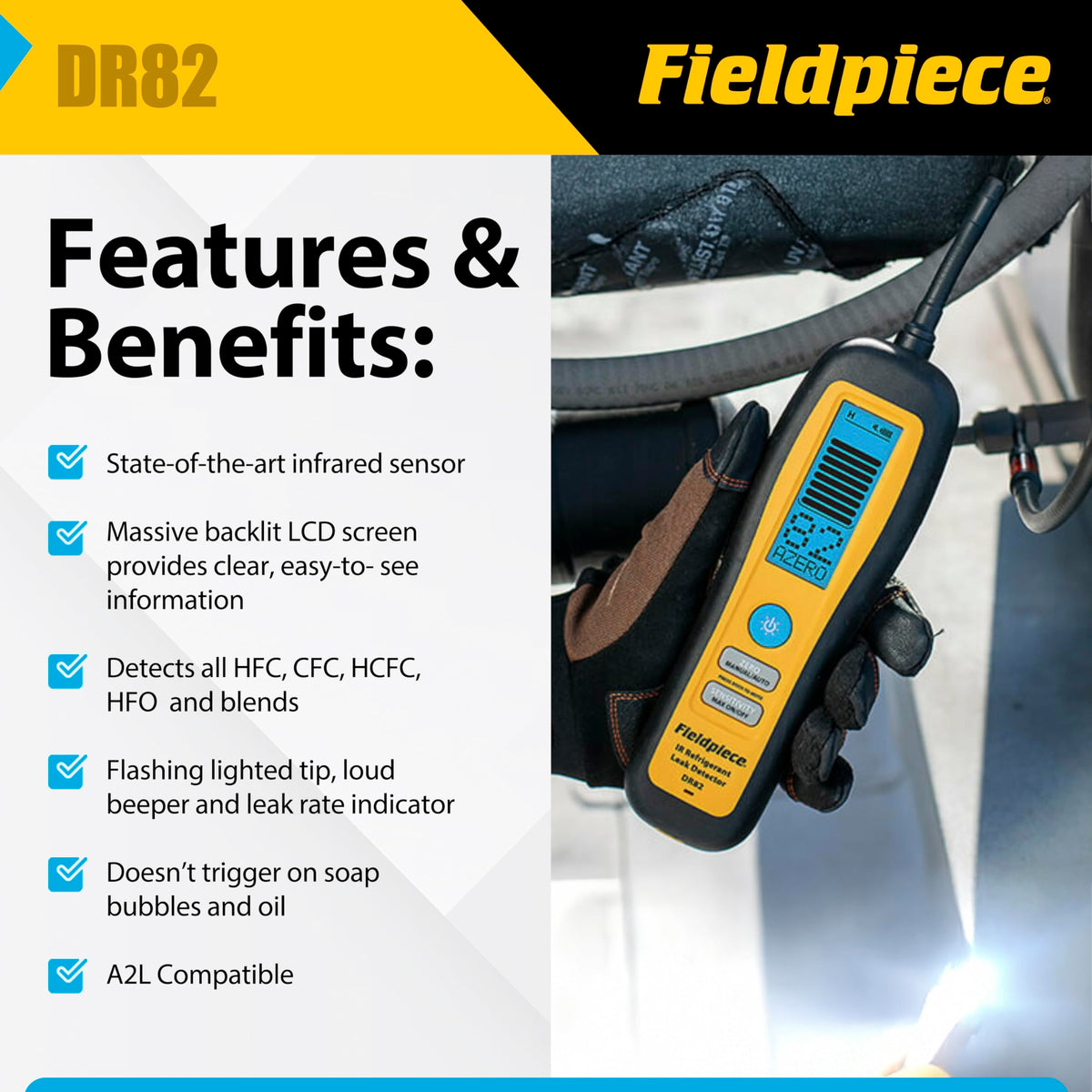 Fieldpiece DR82 flexible 17-inch probe close-up reaches tight spaces easily
