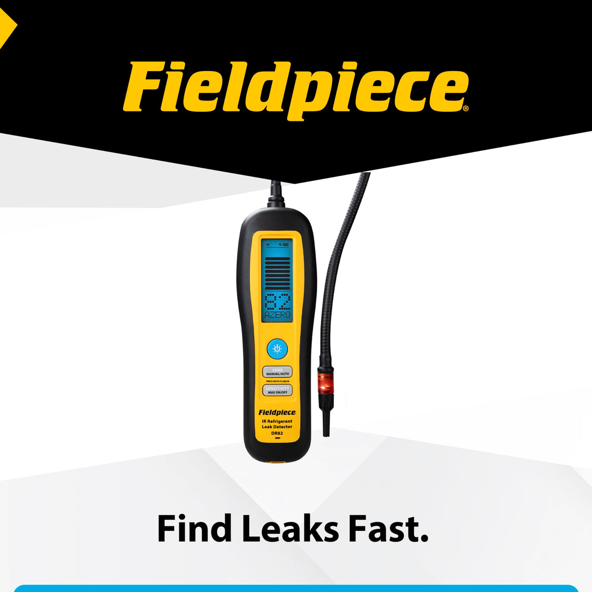 Fieldpiece DR82 beside a tape measure showing compact size and portability