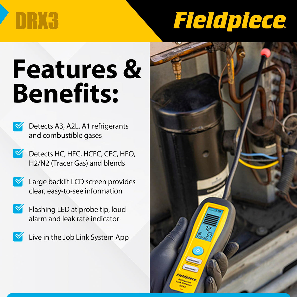 Fieldpiece DRX3 heated diode sensor close-up highlighting accurate detection