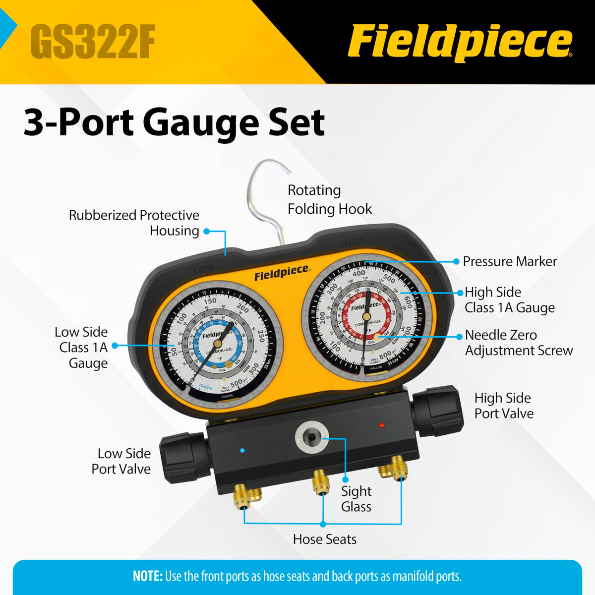 Fieldpiece GS322F swappable hose holder demonstration for flexible hose fitment