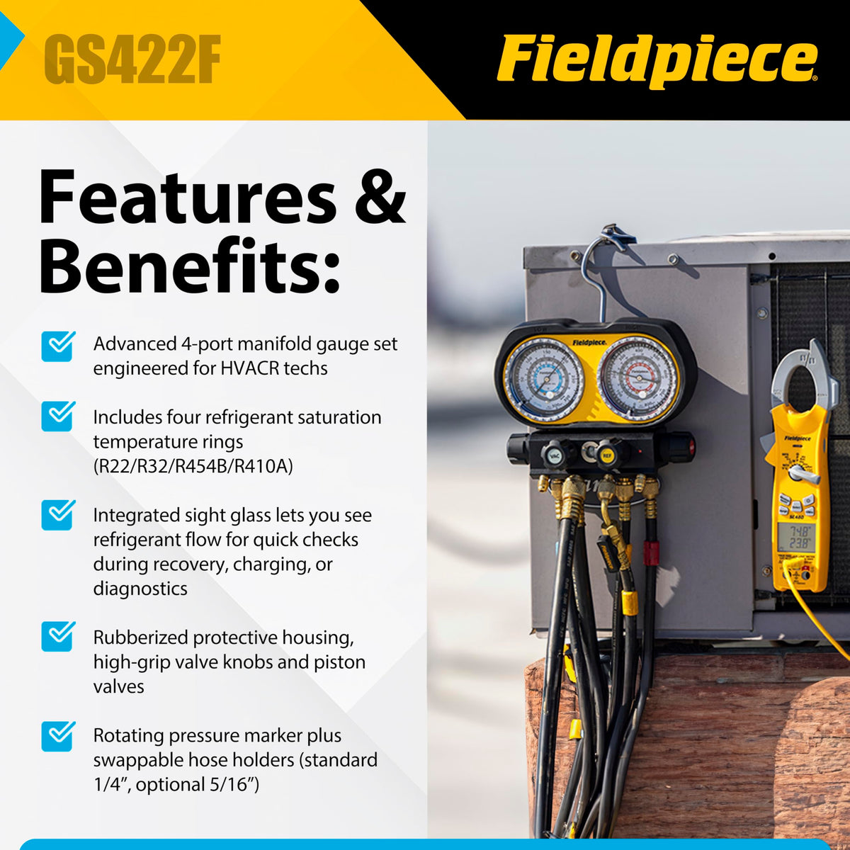 Fieldpiece GS422F sight glass close-up for visible refrigerant flow checks