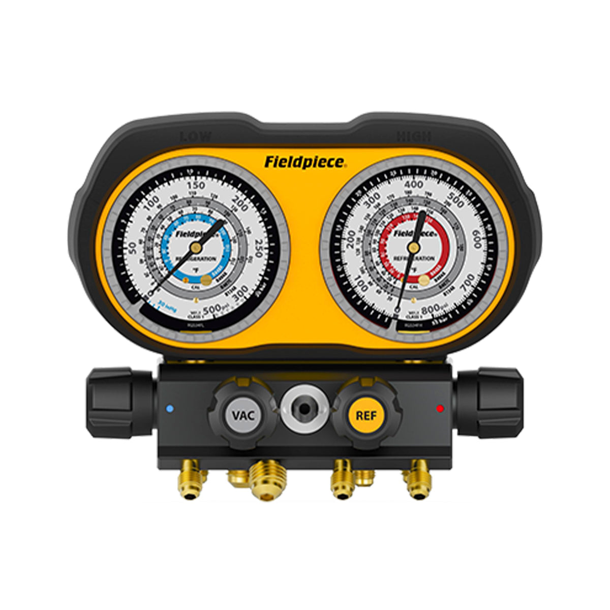 Fieldpiece GS434F front view showing gauges and ports for quick readouts