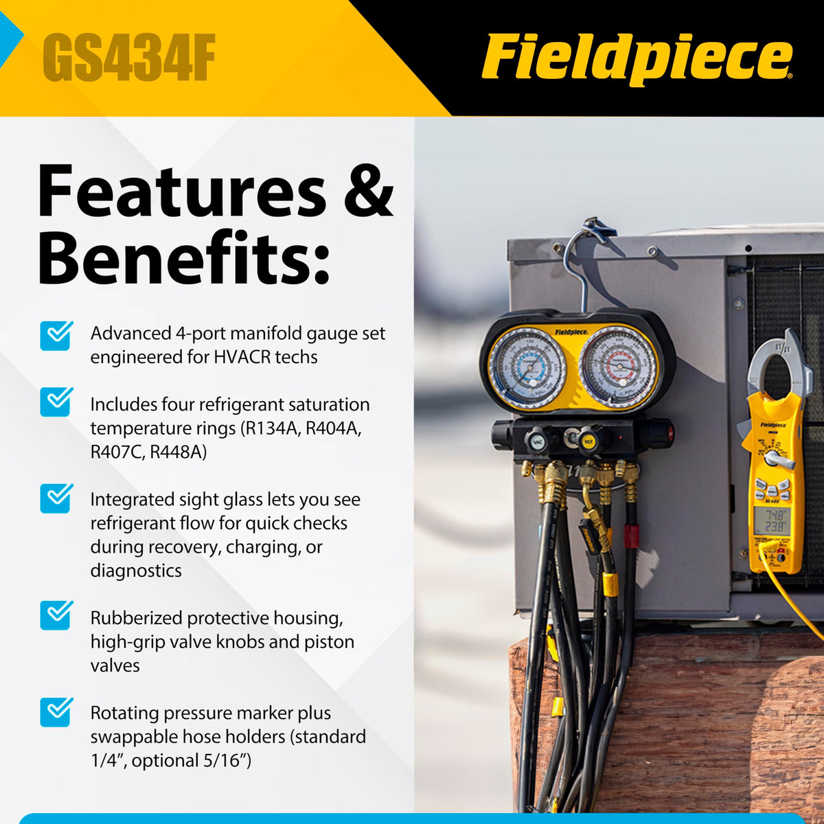 Fieldpiece GS434F sight glass closeup verifying refrigerant flow visually
