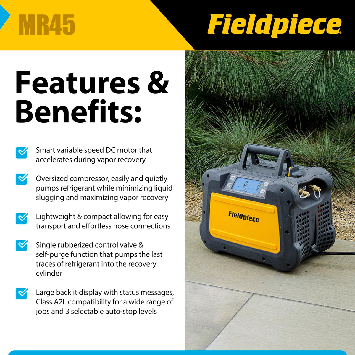 Fieldpiece MR45 ceramic compressor closeup highlighting long-life benefit
