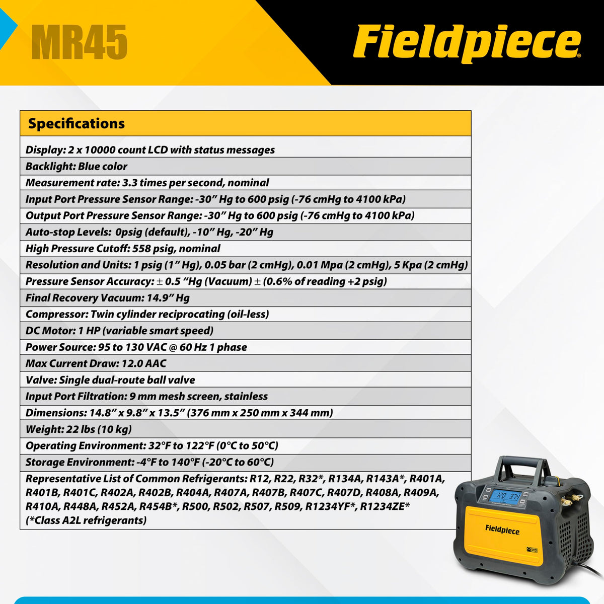 Fieldpiece MR45 micro-channel condenser detail illustrating faster recovery benefit