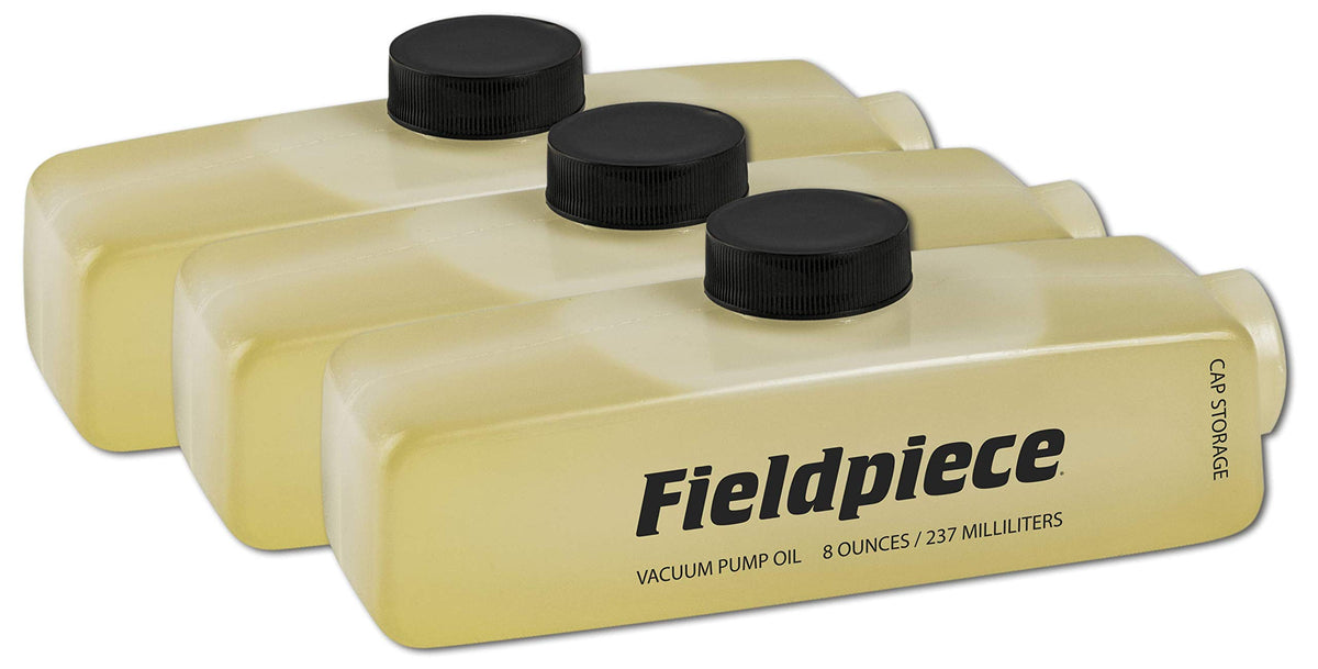 Fieldpiece OIL8X3 front packaging three 8 oz bottles showing clear label and easy-pour spouts for reliable pump maintenance