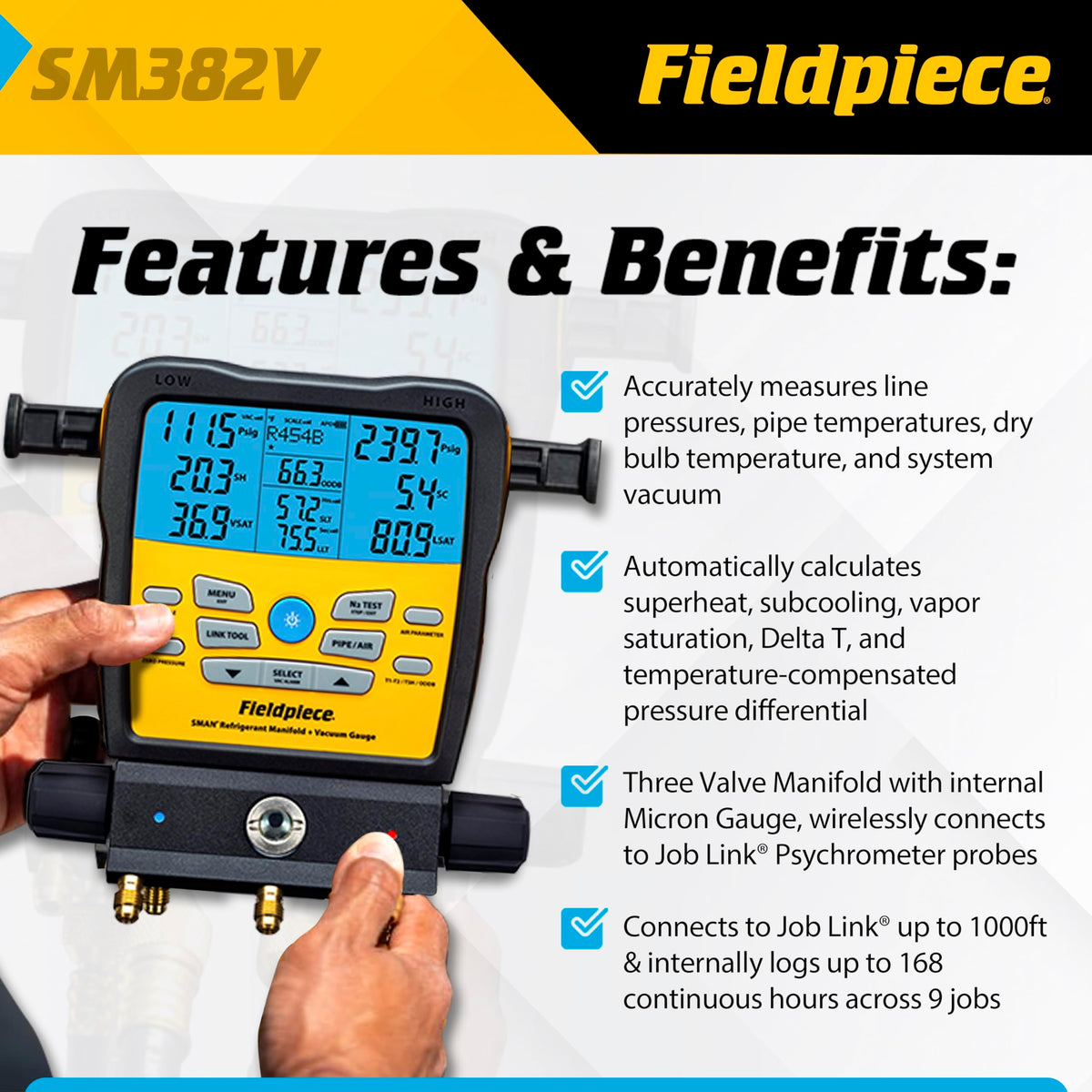 Fieldpiece SM382V close-up of digital gauges for accurate pressure readings