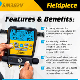 Fieldpiece SM382V close-up of digital gauges for accurate pressure readings