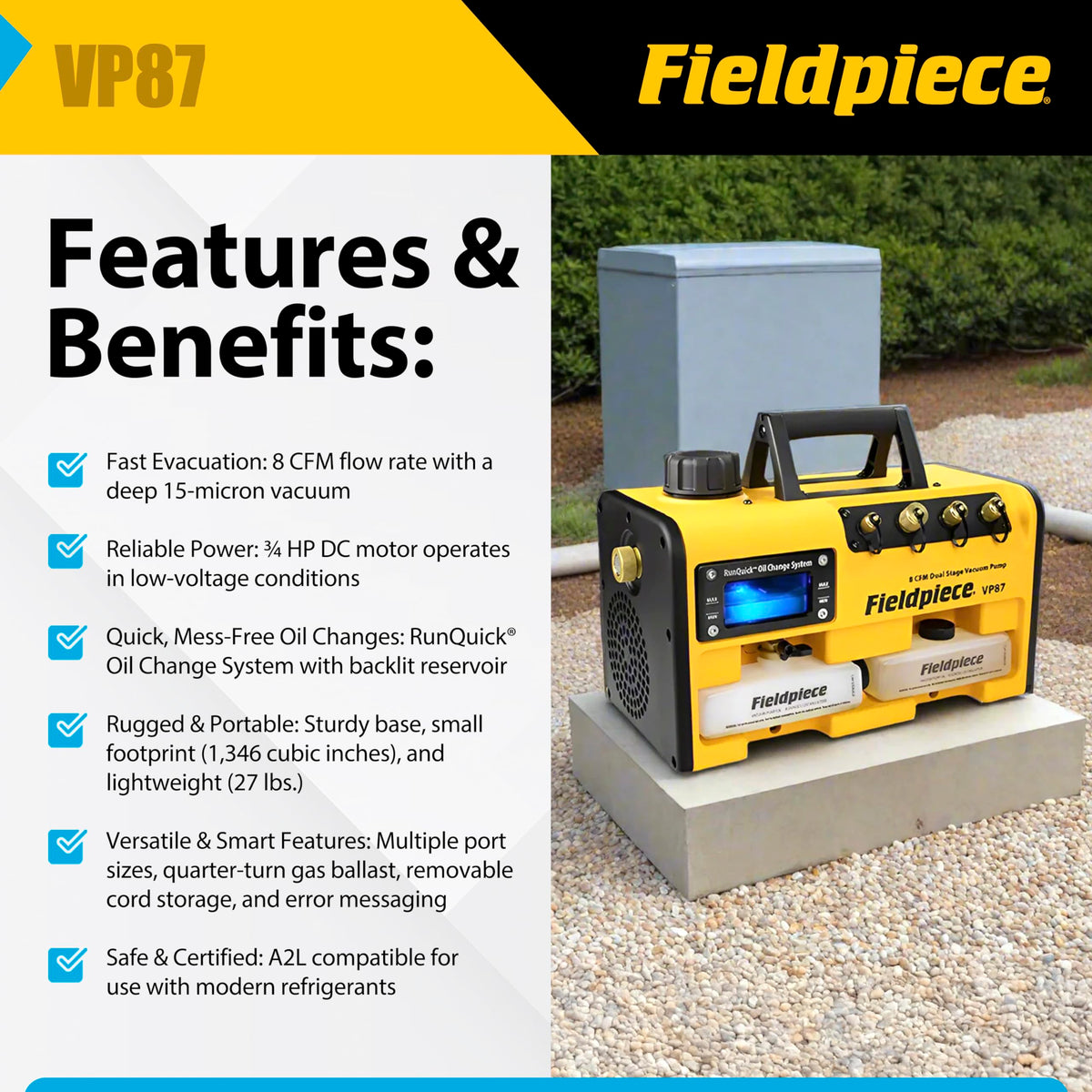 Fieldpiece VP87 RunQuick oil system closeup for fast, low‑mess oil changes