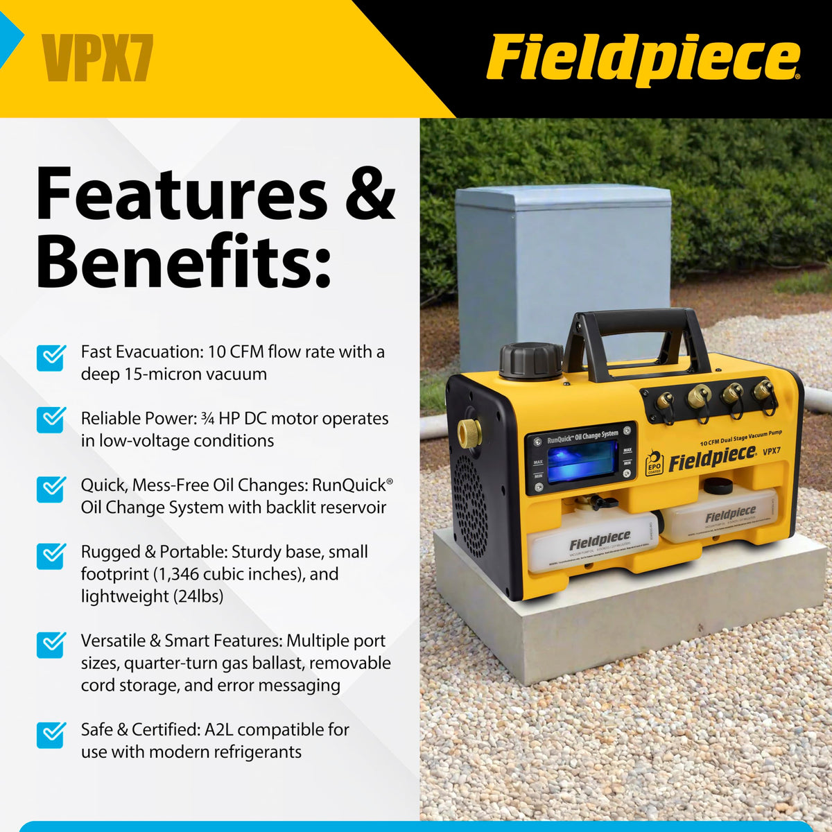 Fieldpiece VPX7 backlit oil reservoir close-up for quick visual oil checks