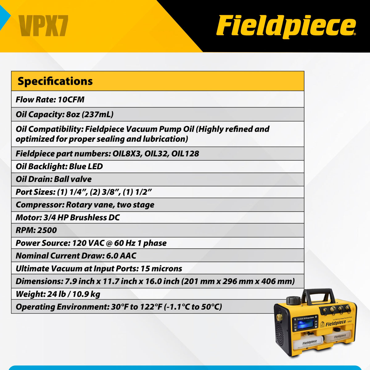 Fieldpiece VPX7 RunQuick oil change mechanism detail for fast field maintenance