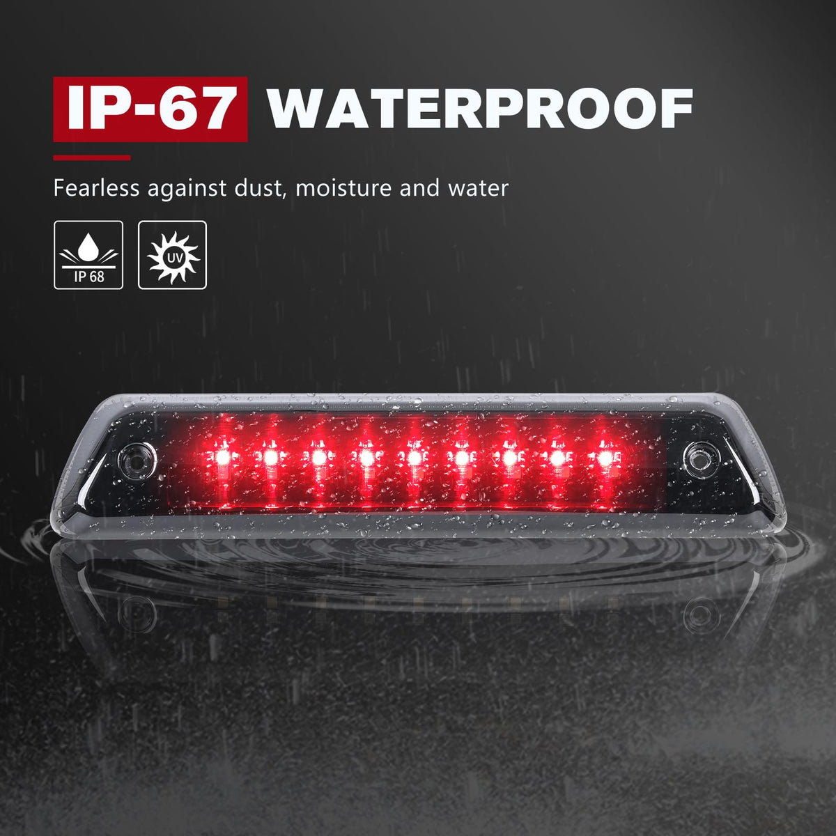 FIERYRED close-up of the 18 LEDs highlighting bright brake and reverse clarity