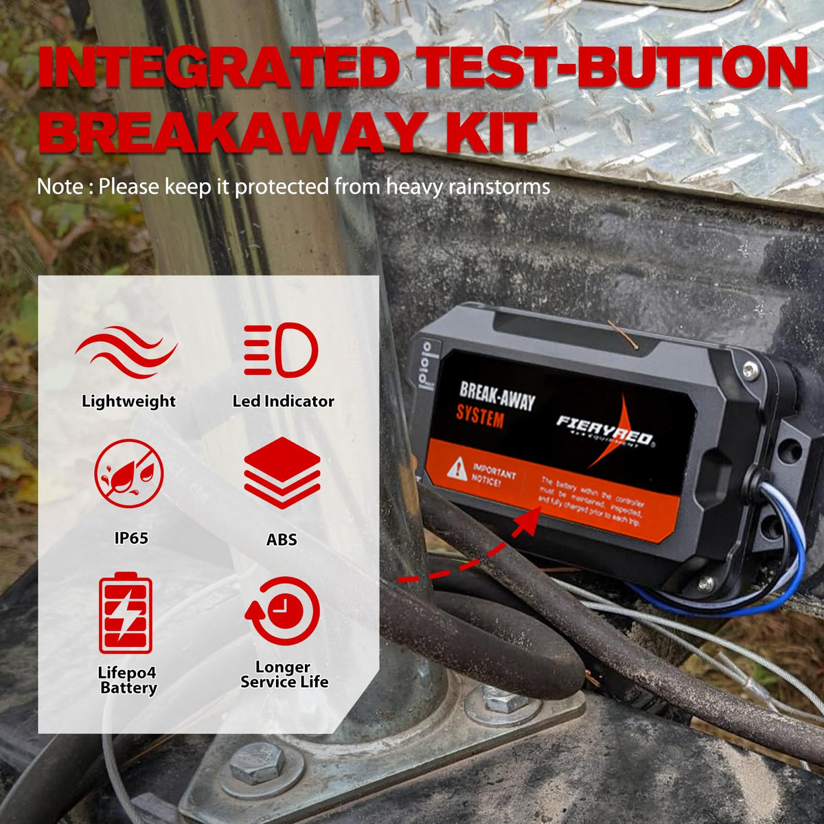 FIERYRED breakaway kit mounted on trailer demonstrating secure placement and safety benefit