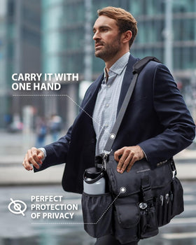 FifthQuarter holding 17-inch laptop and binders for secure transport benefit