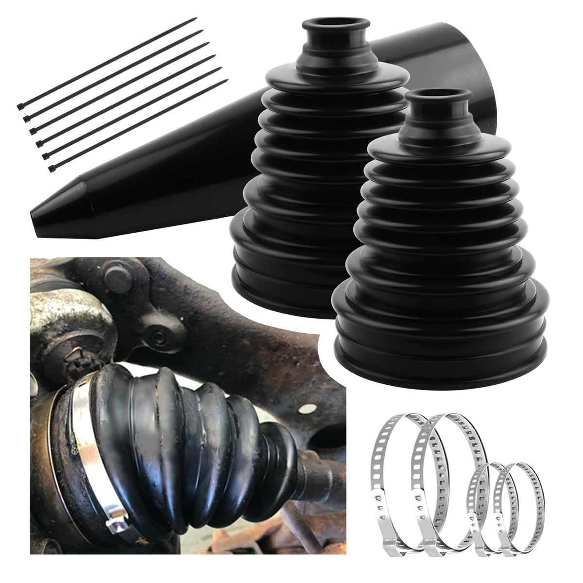 Figpade front view of kit showing boots, clamps and tool for easy repair