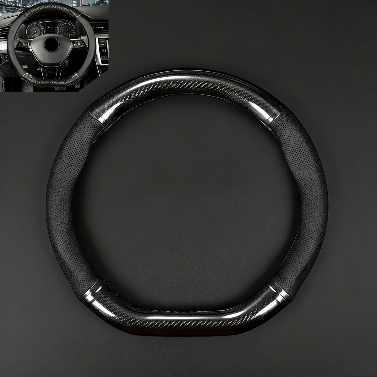 Fiknonk front view of steering wheel cover showing sleek carbon fiber look and instant style