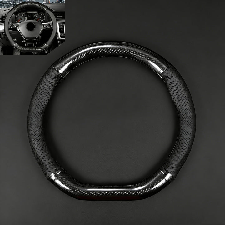 Fiknonk front view of steering wheel cover showing sleek carbon fiber look and instant style