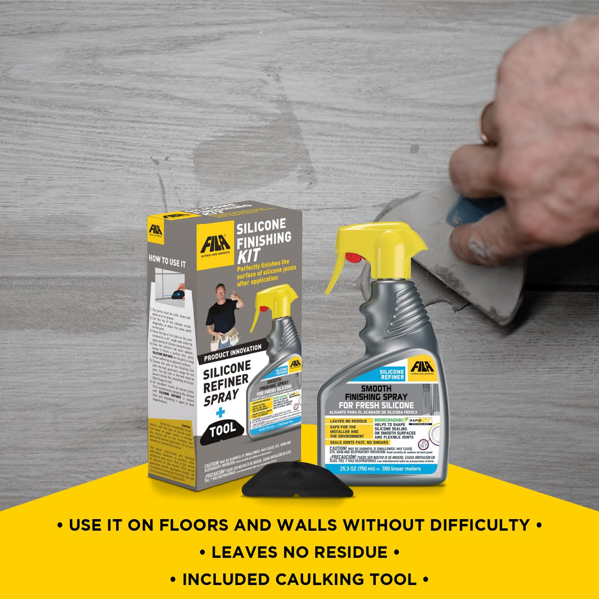 FILA Surface Care Solutions 24oz spray next to ruler showing coverage and yield