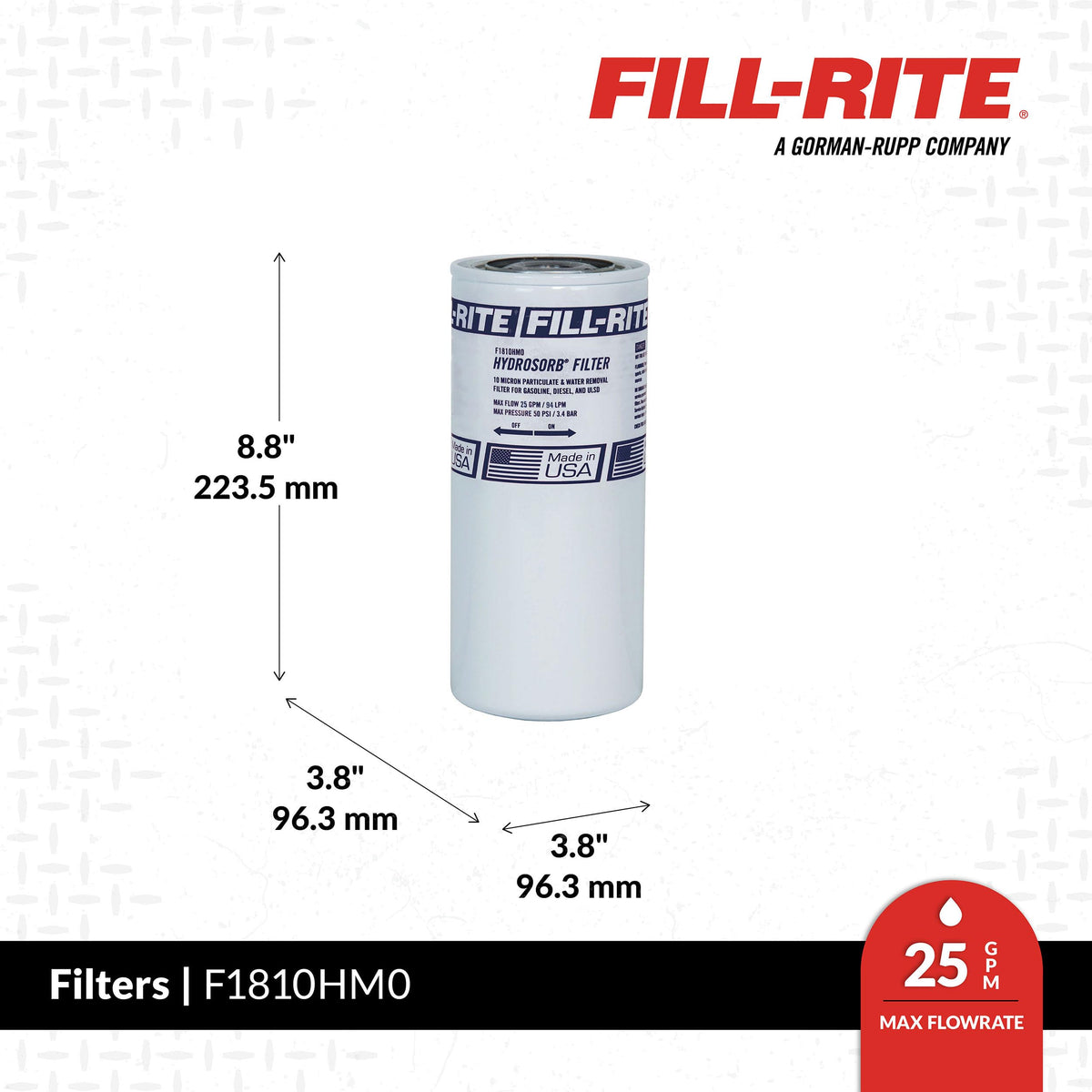 Fill-Rite filter media close-up highlighting 10-micron element for cleaner fuel