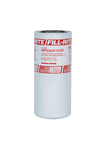 Fill‑Rite F1810PM0 front view showing durable spin‑on canister and benefit of easy maintenance