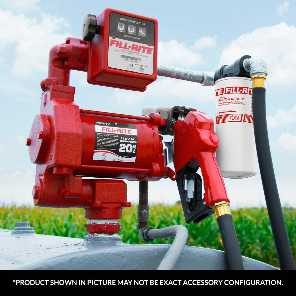 Fill‑Rite label closeup showing specs and benefit of correct fuel compatibility