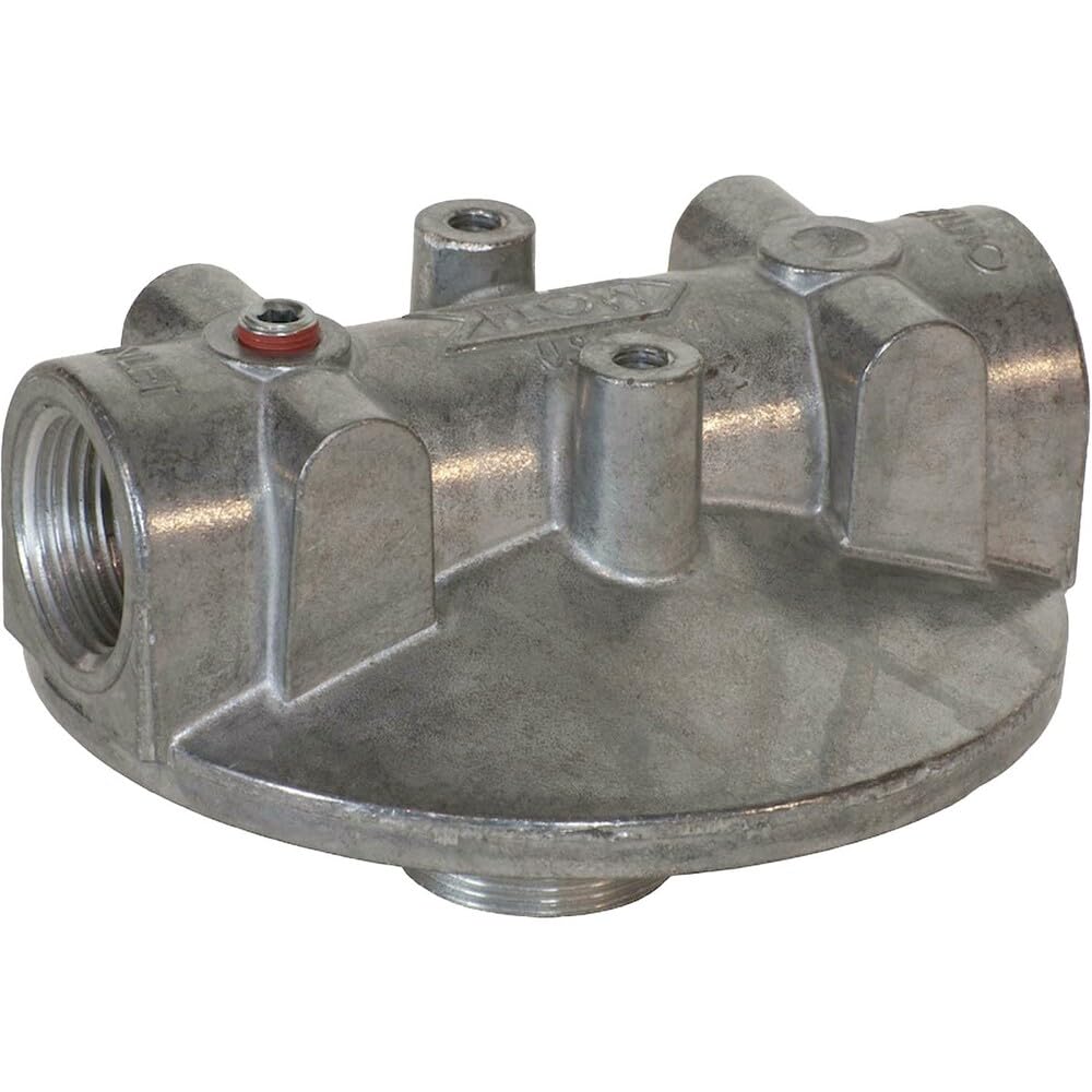 Fill-Rite filter head front view showing ports and durable aluminum construction for reliable sealing