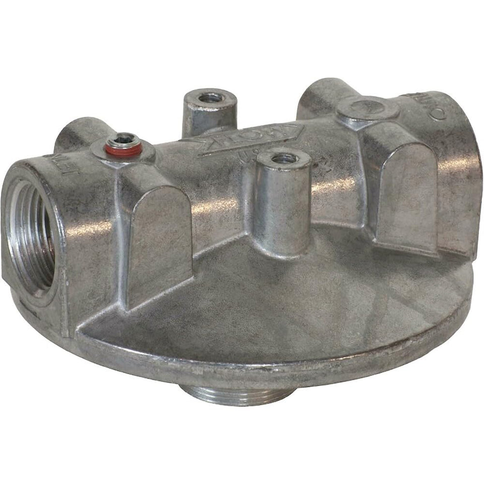 Fill-Rite filter head front view showing ports and durable aluminum construction for reliable sealing