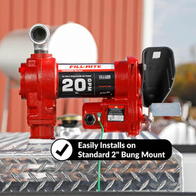 Fill-Rite pump next to a hand for size comparison showing compact portability benefit