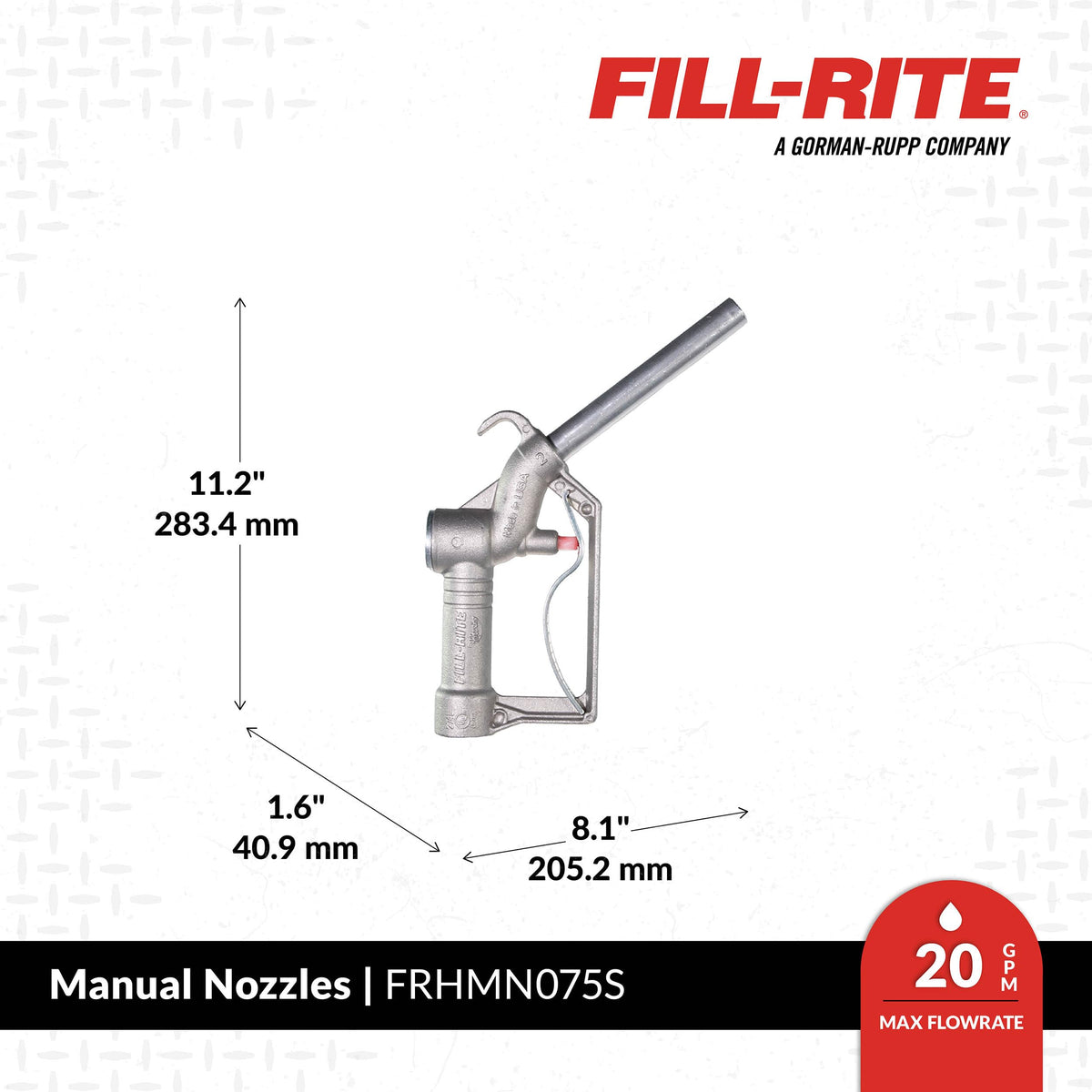 Fill‑Rite FRHMN075S 15/16" spout closeup, ideal for gasoline ports and clean pours