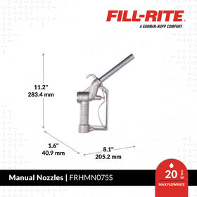 Fill‑Rite FRHMN075S 15/16" spout closeup, ideal for gasoline ports and clean pours