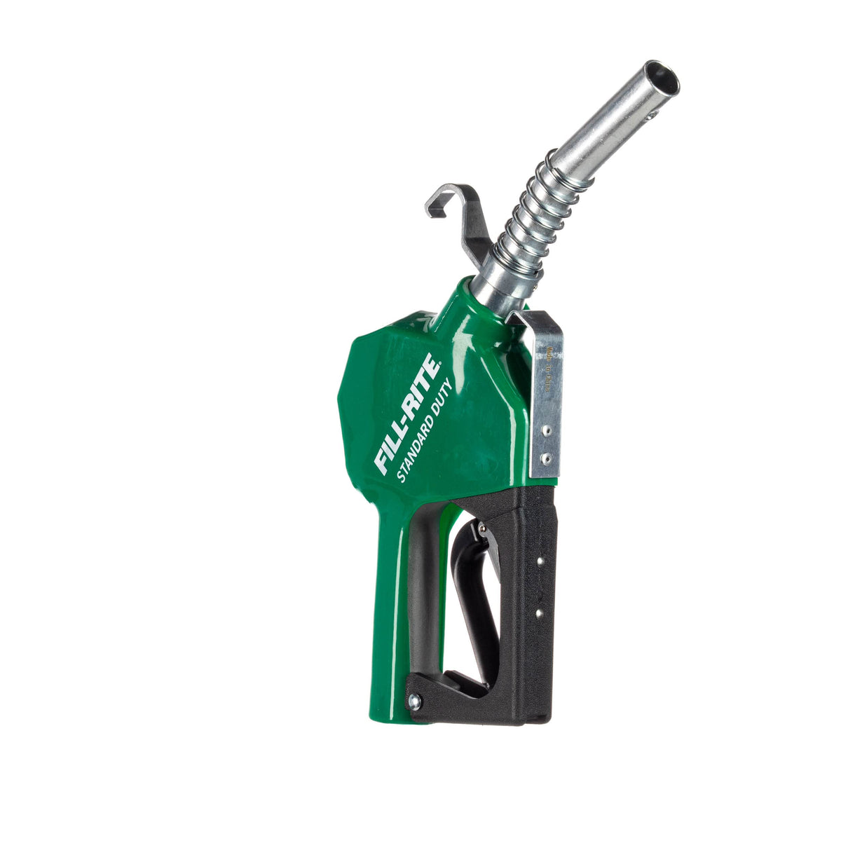 Fill-Rite nozzle front view showing green jacket and robust construction for reliable fueling