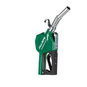 Fill-Rite nozzle front view showing green jacket and robust construction for reliable fueling