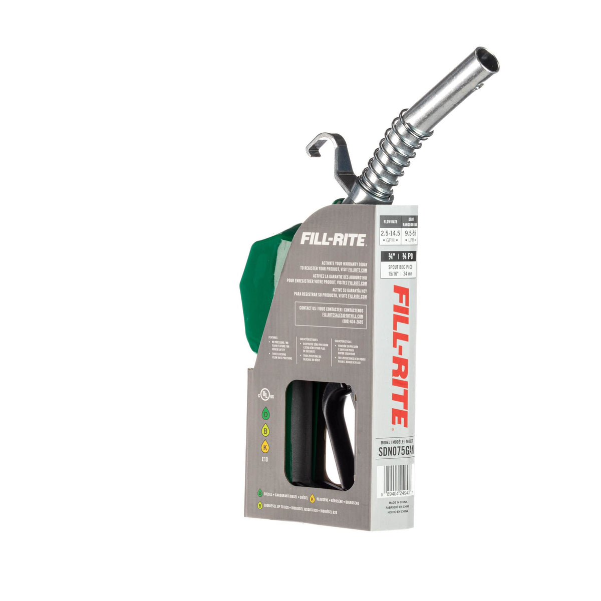 Fill-Rite nozzle green jacket in a service bay setting for easy fuel-type identification