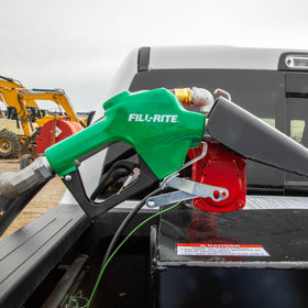Fill-Rite nozzle in use transferring diesel with automatic shutoff preventing spills