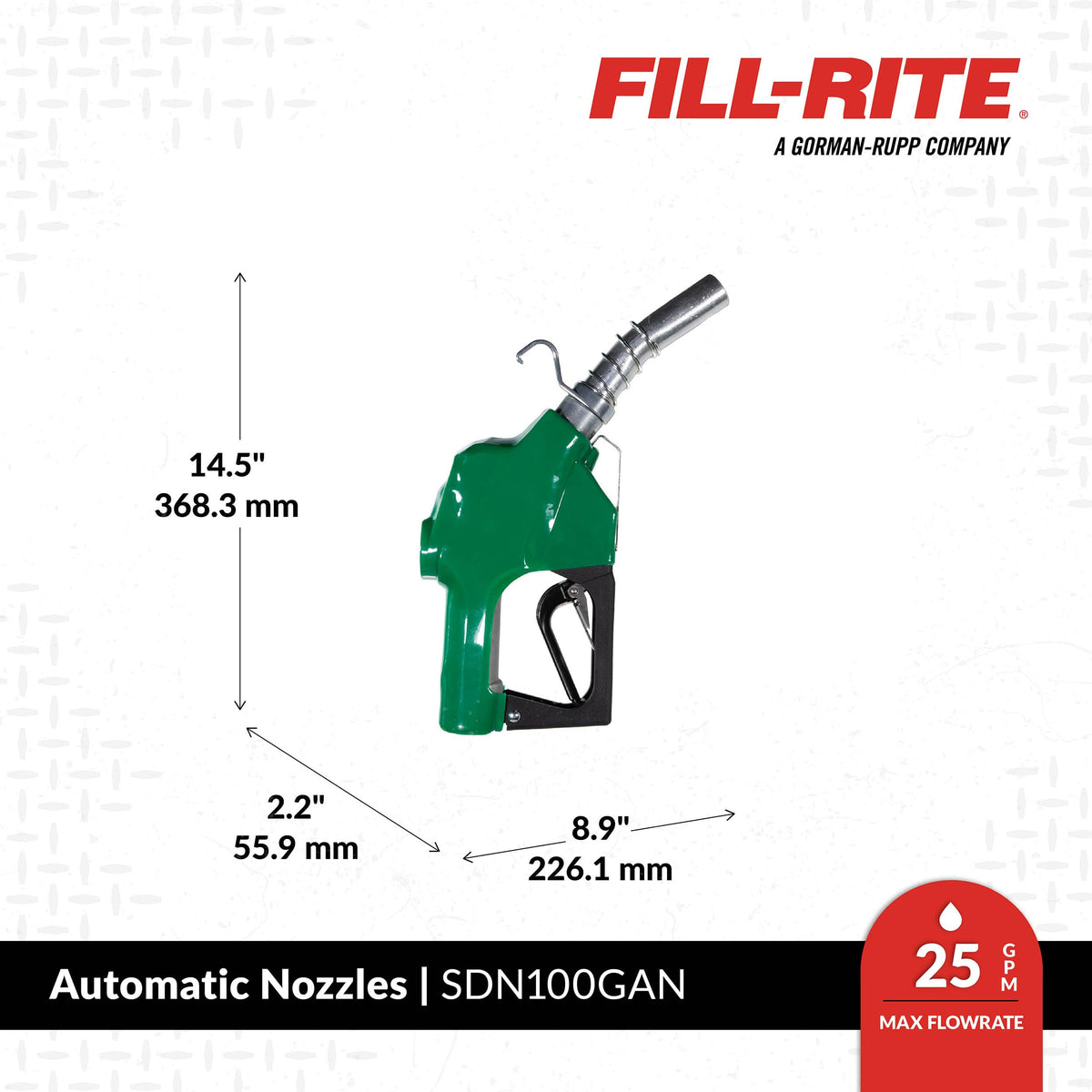 Fill-Rite handle and green jacket detail showing ergonomic grip and control