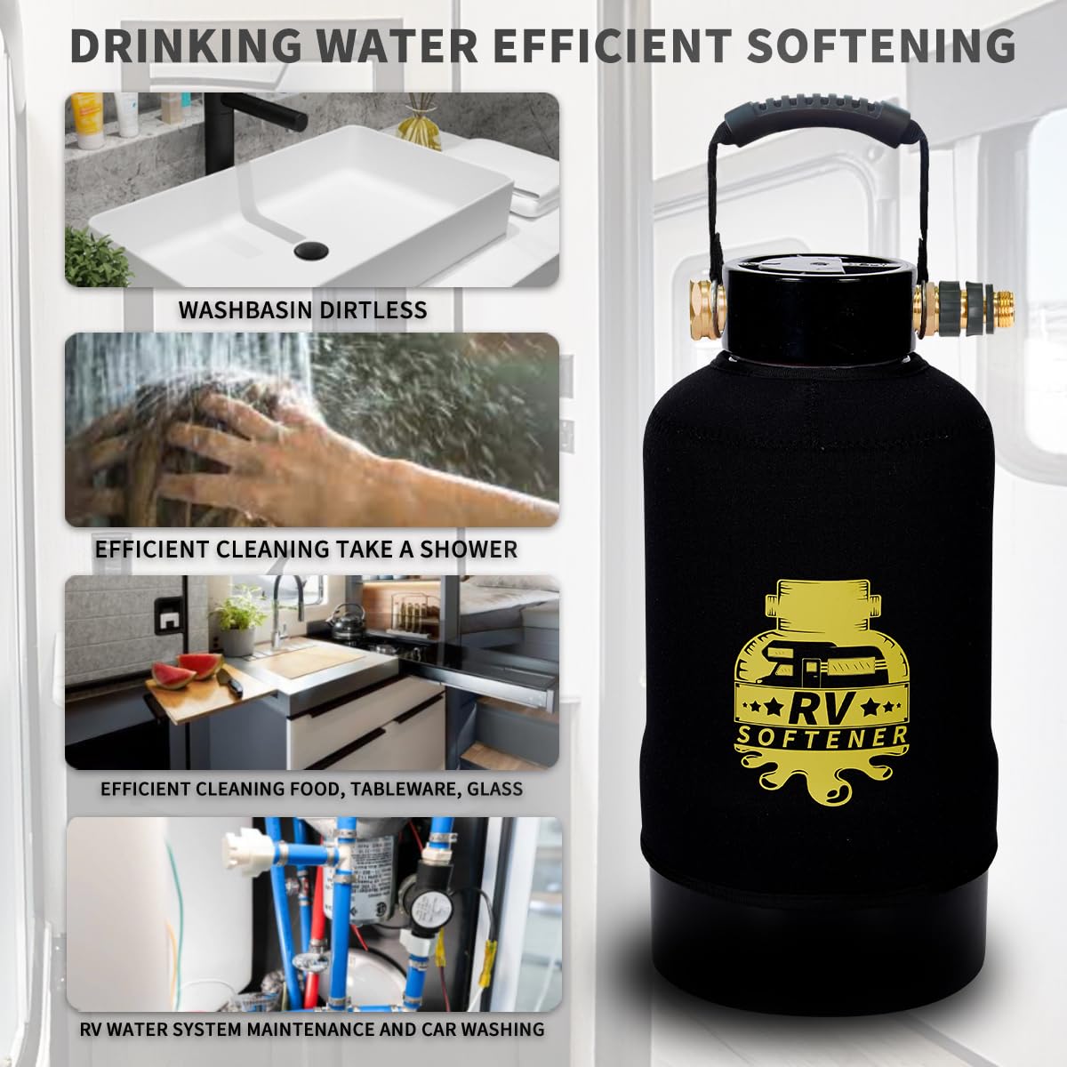 Filterelated lifestyle image of an RV shower at campsite showing improved water quality
